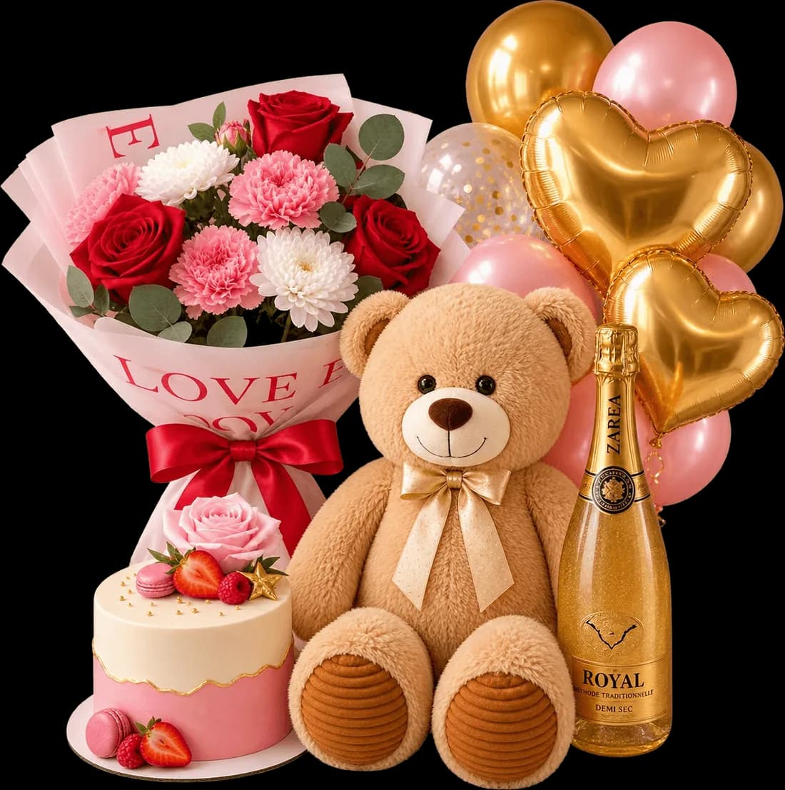 Ramo de rosas rojas, claveles y margaritas, un osito de peluche con lazo dorado, una botella de cava, una tarta con macarons y fresas, y globos dorados con forma de corazón