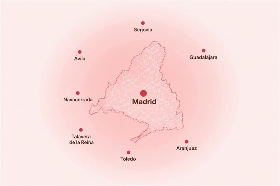 Map of the Madrid region with Madrid at the centre and the surrounding towns: Segovia, Ávila, Guadalajara, Navacerrada, Talavera de la Reina, Toledo and Aranjuez