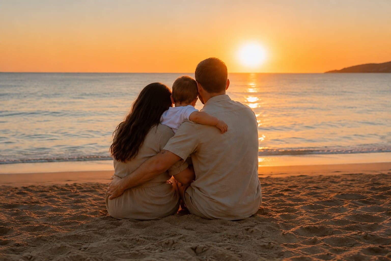 The founders of Nureli holding each other and their child, sitting on the sand by the sea at sunset