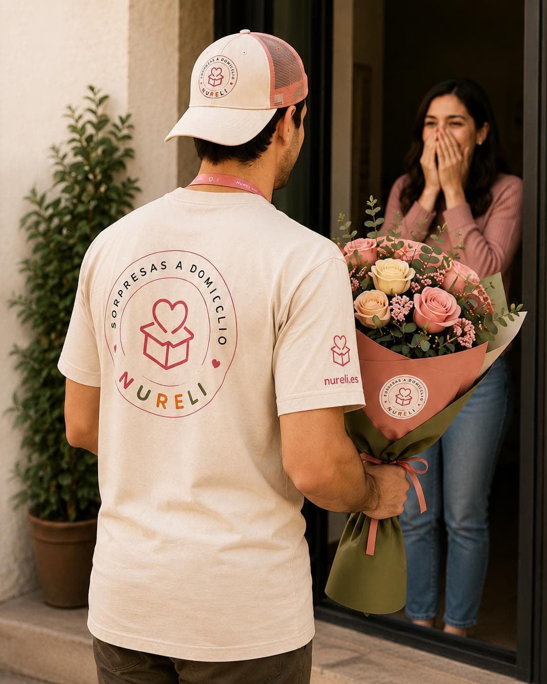 A Nureli courier handing a bouquet to a moved recipient